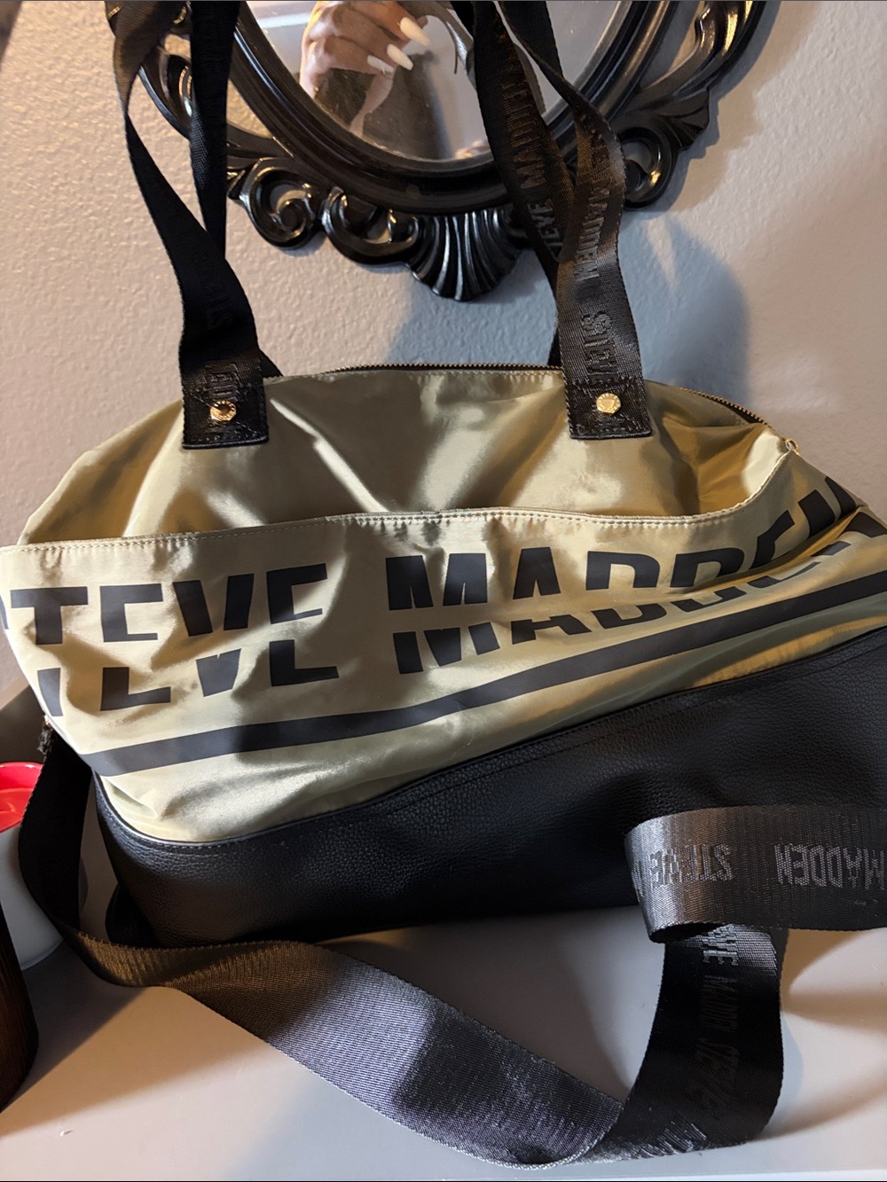 Steve Madden Olive Green and Black Logo Duffel Bag